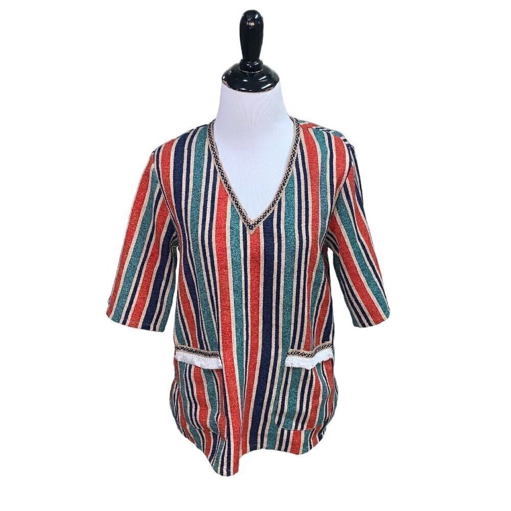 Anthropologie Moon River Women's Size XS Boho Blouse Top V-Neckline Accent Trim